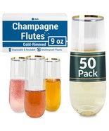 Plastic Champagne Flutes (50 Pack, 9Oz) Clear W/Gold Rim, Stemless | Dis... - $50.99