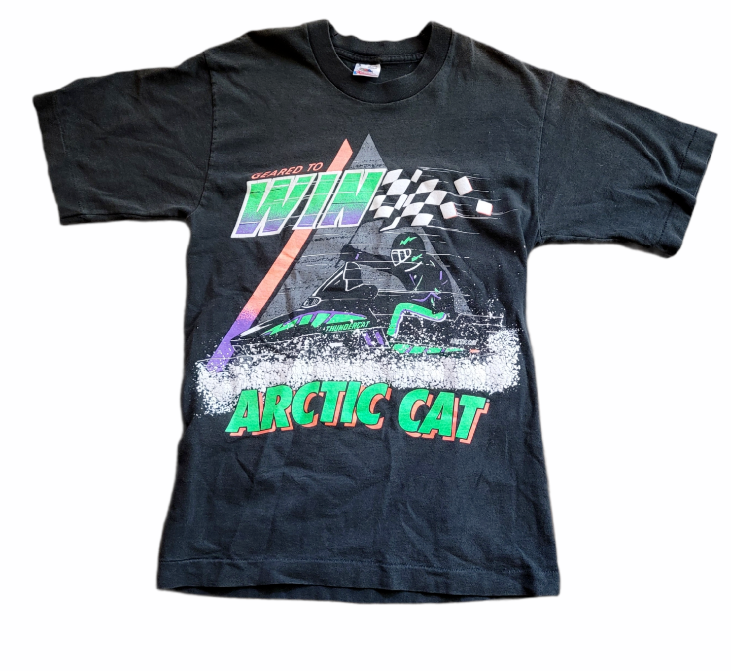 Primary image for Vintage Geared to Win Arctic Cat Snowmobile Black T Shirt Fruit of the Loom S