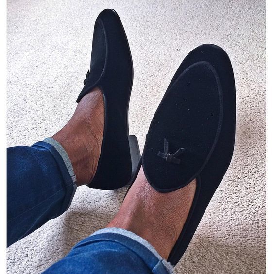 Made To Order Men's Black Moccasin Loafer Slip On Suede Leather Handmade Shoes