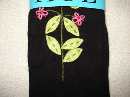 NIP Hue Knee Socks Black with Felt Designs &amp; Embroidery One Size CUTE - £7.92 GBP