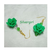 Green Ruffle Rose Flower Crystal Gold Plate Earrings - £12.05 GBP