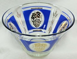 Vintage Hazel Atlas Clear Glass Panel Fruit Salad Bowl Blue &amp; Gold Grape Wheat  - £19.29 GBP