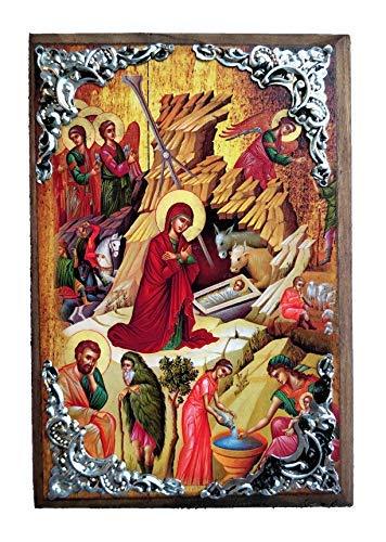 Wooden Greek Christian Orthodox Wood Icon of Virgin Mary & The Birth of Christ /