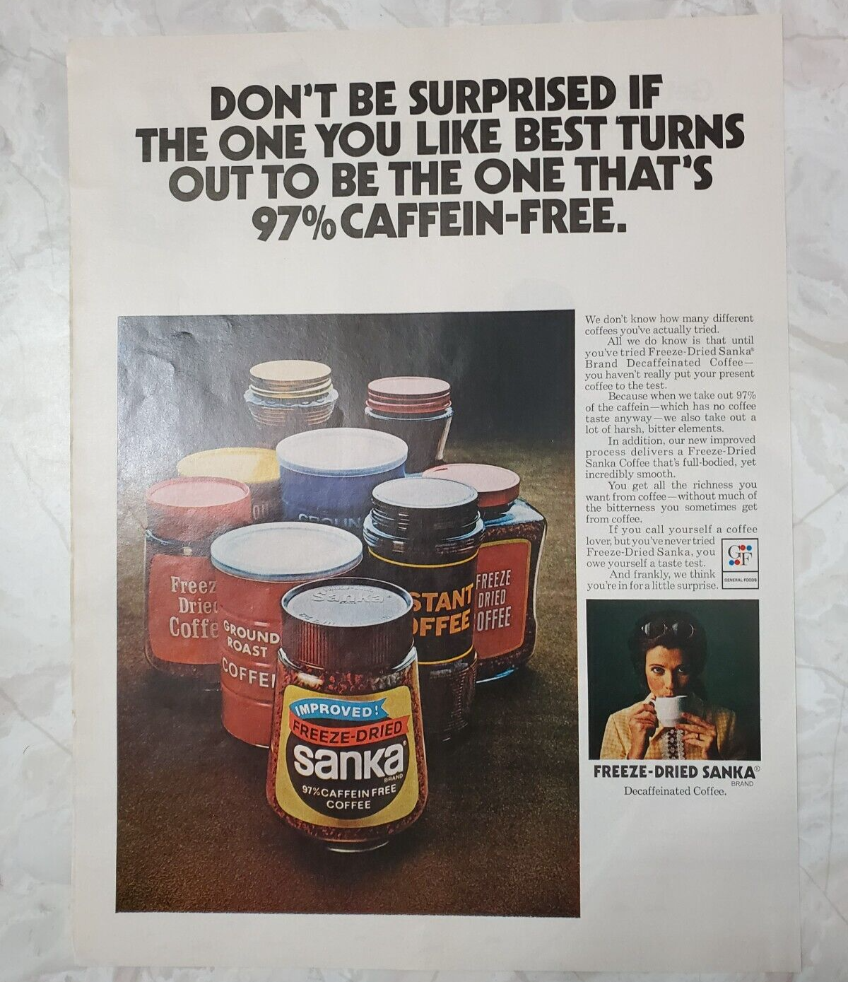 1972 Sanka Vintage Print Ad Freeze Dried Coffee That's 97% Cafein-Free - £7.77 GBP
