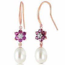 14K Solid Rose Gold Fish Hook Earrings w/ Diamonds, Amethysts &amp; Pearls - £357.91 GBP