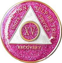 15 Year AA Medallion Glitter Pink Tri-Plate Chip XV - £14.23 GBP