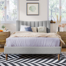 Upholstered Platform Bed Frame with Vertical Channel Tufted Headboard Full Gray - £131.53 GBP