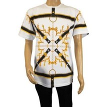 Men LAVERITA European Fashion Crew Shirt Rhine Stones Chain Floral 12085 White image 3