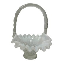 Vintage Fenton White Opalescent &amp; Clear Hobnail Ruffled Basket Easter Spring - $27.12