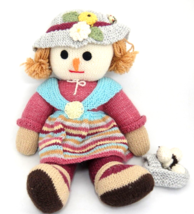 Snowman Girl Doll Hand Made Knitted with Basket of Mushrooms 17&quot; Spring Pink - £11.10 GBP
