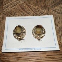 West Germany Brown Porphyry Glass Pearl Topaz Brass Filigree Clip on Earrings - £58.44 GBP