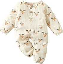 NEW Reindeer Baby Romper sz 12-8 months beige w/ Rudolph print 1 pc bodysuit - £7.86 GBP