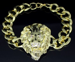 Mens Mighty Lion CZ Cuban Link Chunky Bracelet 14k Gold Plated Iced Hip Hop - £6.42 GBP