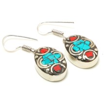 Turquoise Red Coral Bohemian Drop Dangle Jewelry Earrings Nepali 1.50&quot; S... - $8.99