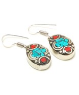 Turquoise Red Coral Bohemian Drop Dangle Jewelry Earrings Nepali 1.50&quot; S... - £7.16 GBP
