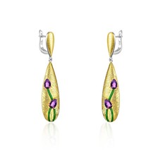 Tulips Flower Enamel Dangle Earrings Real 925 Sterling Silver Handmade Fine Jewe - $93.36