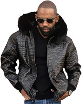 Men&#39;s Real Leather Jacket Crocodile Embossed Jacket Faux Fur Hood Biker ... - $129.99+