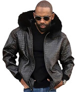 Men&#39;s Real Leather Jacket Crocodile Embossed Jacket Faux Fur Hood Biker ... - £101.80 GBP+