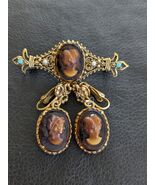 Florenza Brown Cameo Bar Brooch Earrings Faux Pearl Rhinestone Gold Tone - €112,33 EUR