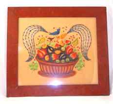 Colorful Bill Rank Framed Folk Art Hand Painted Theorem Birds on a Fruit Bowl - £117.95 GBP