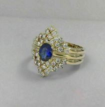 14k Yellow Gold Over 2 Ct Oval Cut Blue Sapphire 2 Pcs Wedding Band Ring Set - £80.65 GBP