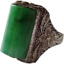 Old Chinese Jadeite Jade Sterling Silver Filigree Ring Fine - £1,106.42 GBP