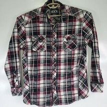 Mens XL Buckle Black Athletic Fit Plaid Snap Long Sleeve Shirt Black Red White - £17.92 GBP