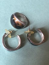 Vintage Demi Silvertone Brown Enamel Tapered Band Ring &amp; Hoop Earrings for Pierc - £17.50 GBP