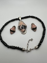 Sterling Silver JAY KING Black Onyx Pink Stone Pendant Necklace Earrings Set NB7 - $135.99