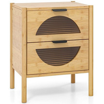 Bamboo Nightstand with 2 Storage Drawers and Reeded Tempered Glass Front... - $124.12