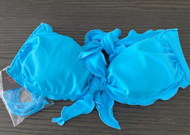 Victoria Secret Swim Bikini Top Bandeau Solid Blue Ruffled Tie Up Swimwear - £11.15 GBP