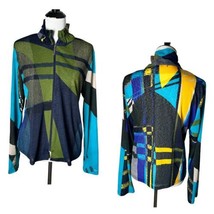 Damee Colorful Geometric Print Jacket Sheer High Collar Blue Yellow Women Size M - £58.84 GBP