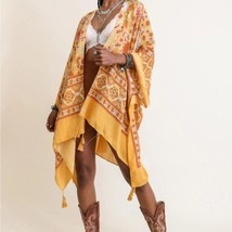Touch of Morocco Tapestry Tassel Boho Kimono Wrap Shawl Mustard Yellow - £22.68 GBP