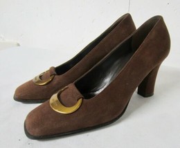 Genny Italian Brown Suede Leather Sole Pumps Heels Brushed Brass Buckle ... - $59.99