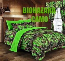 8 Pc Biohazard Green Camo King Size Set, Comforter Sheets Pillowcases &amp;Bed Skirt - £99.43 GBP