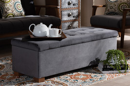 Eleri Gray Velvet Fabric Upholstered Grid-Tufted Storage Ottoman Bench - $4,148.39 MXN