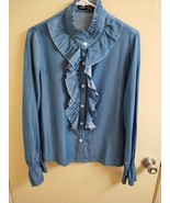 Shine Size Large Ruffle Front Collar And Front Blue Blouse #9286 - $10.80