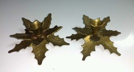 Vtg Pair Handcrafted Solid Brass Christmas Holly Leaf Candlesticks Made in India - £8.55 GBP