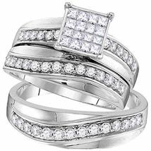 14kt White Gold His &amp; Hers Princess Diamond Cluster Matching Bridal Wedding Ring - £1,252.63 GBP