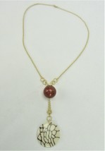 Vintage Costume Jewelry, Gold Tone Chain, Brown, Cream Lariat Necklace NK181 - £11.52 GBP