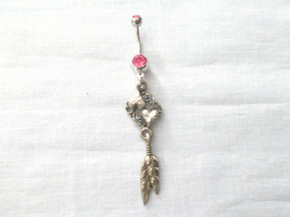 Yin Yang Hearts With Twin Feathers Dream Catcher Dangle On Pink 14g Belly Ring - £9.58 GBP