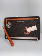 Michael Kors Sail Away Wristlet Illustrations Large Logo Brown Orange Zi... - £63.30 GBP