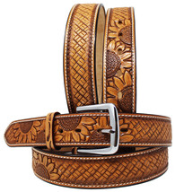 Men&#39;s Western Rodeo Fashion Tooled Floral Genuine Leather Belt Turquoise 2661RS - £23.72 GBP