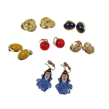 Vintage Earrings Lot Clip On Costume Jewelry Beaded Indian Gold Tone Rhinestones - £15.57 GBP