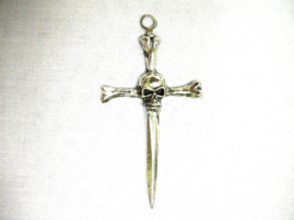Skull Head Sword Dagger Cross Huge Heavy XL Piece Pewter Pendant Adjust Necklace - £9.57 GBP