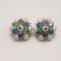 Vintage Round Cluster Clip Earrings Faux Pearl Pink Blue Green Faceted Beads 1&quot; - £5.42 GBP