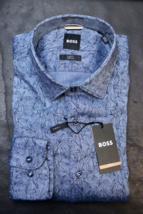 HUGO BOSS Uomo Hank Soft Slim Fit Foglia Stampa Cotone Elastico Camicia 41 16 - £50.08 GBP
