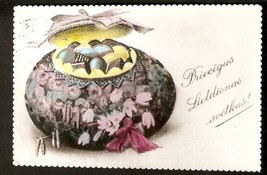 Old Photo of Latvian Postcard Easter Greetings Eggs Bowl Pot Flowers - $6.16