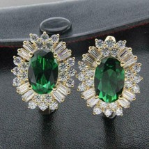3.50Ct Oval Cut Lab Created Emerald Halo Stud Earrings 14k Yellow Gold Plated - £118.63 GBP