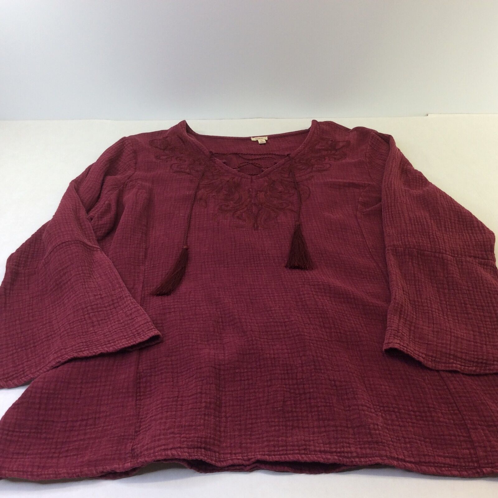 Primary image for Reba Blouse Top XL Pullover Maroon Tassels Bell Sleeves Gathered Back Cotton
